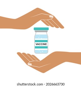 Medicine bottle for injection in hand, palm of a doctor. Medical glass vial for vaccination. Time to vaccinate. Isolated vector illustration on white background.