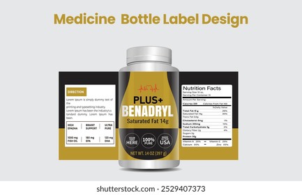 Diseño de etiqueta de botella de medicina, diseño de embalaje, ilustración de etiqueta de botella de archivo de Vector editable