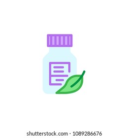 Medicine bottle and leaf flat icon, vector sign, colorful pictogram isolated on white. Herbal medicine drug symbol, logo illustration. Flat style design