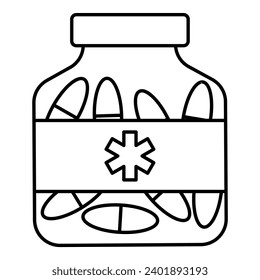 Medicine bottle line art. Vector illustration with healthcare theme and line art vector style. Editable vector element.