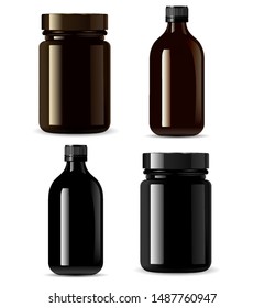 Medicine Bottle Mockup. Black Cosmetic Packaging Container Blank. Realistic 3d Illustration Design. Treatment Vial. Medical Drug Container. Aronatherapy or Essence Flacon