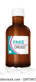Medicine bottle named FAKE DRUGS. Symbolic for harmful counterfeit pills, risk and danger of illegal produced and sold pharmaceuticals. Isolated vector on white.