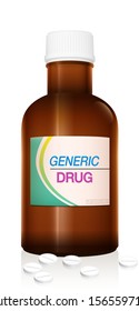 Medicine bottle named GENERIC DRUGS. Symbolic for harmful counterfeit pills, risk and danger of cheap or illegal produced and sold pharmaceuticals. Isolated vector on white.
