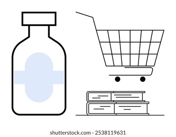 Botella de medicina junto al Carrito de compras y libros apilados Ideal para la educación y literatura médica de compras de atención médica. Estilo sencillo y minimalista con líneas claras y colores suaves