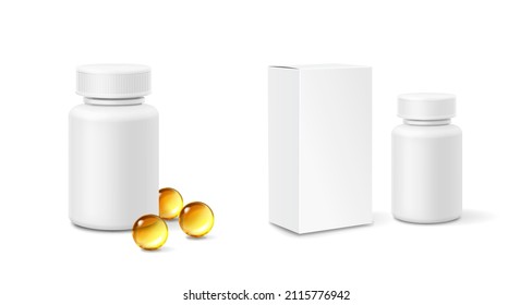 Medicine bottle with oil capsules and box. Pastic packages for pills, vitamins or capsules. Vector containers mock up.