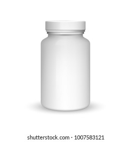 Medicine bottle on white background. Realistic vector 3d blank plastic jar with cap for pill or capsules. Mock-up package for medication: tablets, vitamin, aspirin. Medicine bottle for medicament.