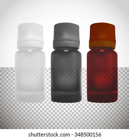 Medicine bottle on white background. White and black glass bottle mock-up. Medicine bottle for pills, oil or other. Examples and templates isolated.