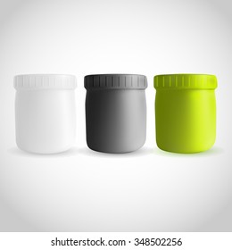 Medicine bottle on white background. Medicine bottle for pills, drugs, salve or other. Examples and templates isolated.