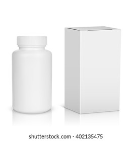 Medicine bottle on white background. White plastic bottle, cardboard packaging