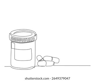 Medicine bottle outline illustration. Continuous line drawing of vitamin bottle.
