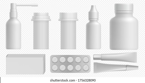 Medicine bottle. Pharmaceutical white packaging with medical plastic bottle, pill box and vitamin container mockup. Template for medicament and healthcare cosmetic package set on transparent back.