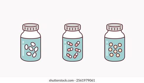 Medicine bottle and pill capsule Medical. Hand drawn style vector design illustrations.