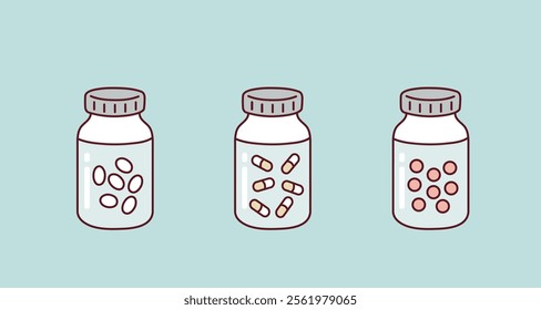 Medicine bottle and pill capsule Medical. Hand drawn style vector design illustrations.