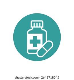 Medicine bottle and pill icon. Pharmacy and healthcare logo. Vector illustration.