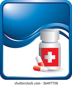 medicine bottle or pill bottle on blue wave background