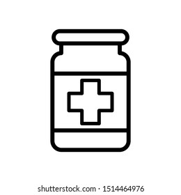 Medicine bottle and pills. Black and white icon vector