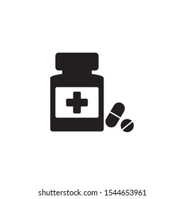 Medicine bottle and pills. Black and white icon. Vector illustration