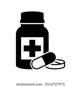 medicine bottle and pills black white vector design illustration