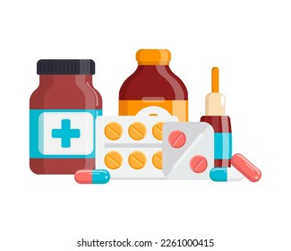Medicine Bottle with Pills. Blisters with Capsules and Tablets, Bottle with liquid. Flat vector illustration.