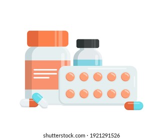 Medicine bottle with pills, capsules,  blister with pills, bottle with liquid. Flat vector illustration 