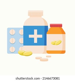 Medicine bottle with pills, capsules, blister with pills. Flat vector illustration. Set.