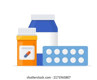 Medicine bottle with pills, capsules, blister with pills, bottle with liquid. Flat vector illustration