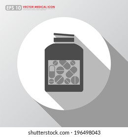 Medicine bottle with pills & capsules inside - vector icon  - black & white theme