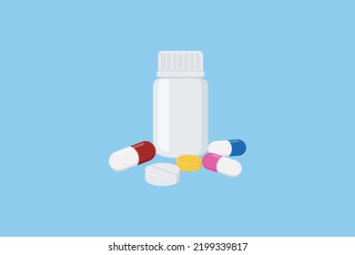 Frasco de medicina, pastillas y cápsulas Ilustración vectorial aislada en fondo blanco