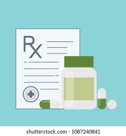 Medicine bottle and pills. Drugs, tablets, capsules vitamins. Medical capsules container. Medical prescription Rx sign. Mock up for your design. Isolated vector.