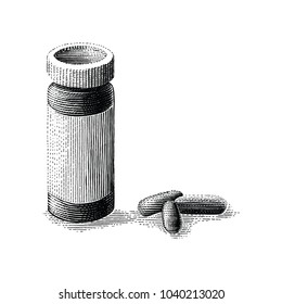 Medicine bottle and pills hand drawing vintage engraving style