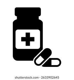 Medicine bottle and pills icon.