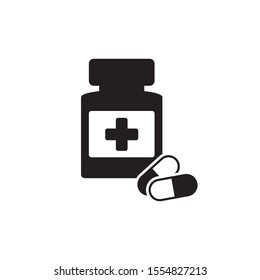 Medicine bottle and pills icon. Black and white icon. Vector illustration