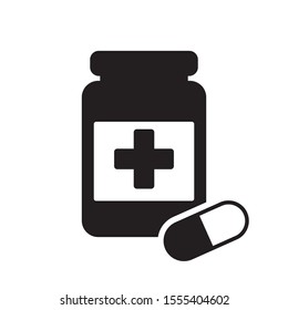 Icono de frasco de medicina y pastillas.Icono blanco y negro. Ilustración del vector