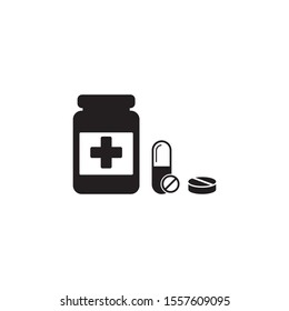 Medicine bottle and pills icon. Black and white icon. Vector illustration