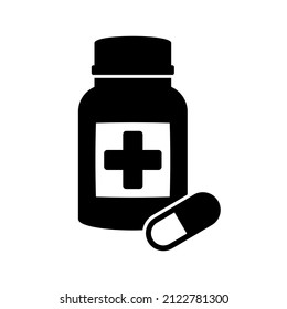 Medicine bottle and pills icon. Black and white icon. Vector illustration