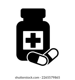 Medicine bottle and pills icon. Black and white icon. Vector illustration.