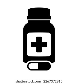 Medicine bottle and pills icon. Black and white icon. Vector illustration.