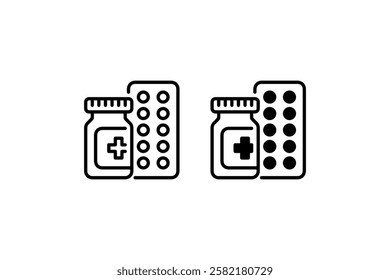 Medicine Bottle and Pills Icon in Line and Solid Styles Vector