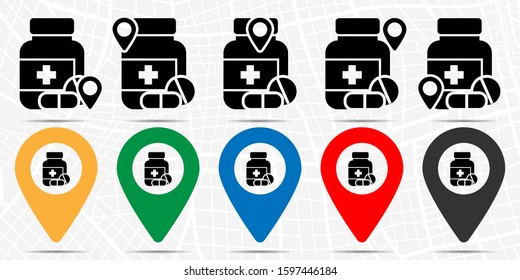 The medicine bottle and pills icon in location set. Simple glyph, flat illustration element of medicine theme icons