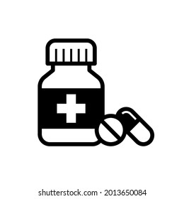 Medicine bottle and pills icon, Medicament sign, Health and medical concept, Isolated on white background, Vector illustration
