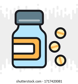 Medicine bottle and pills icon. Simple color version on light gray background