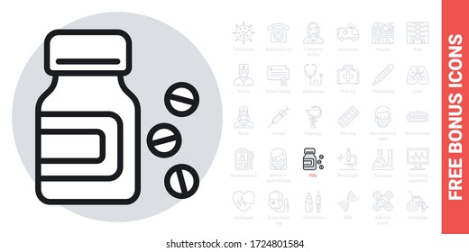 Medicine bottle and pills icon. Simple black and white version. Free bonus icons kit included