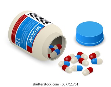 Medicine bottle with pills. Isometric vector illustration