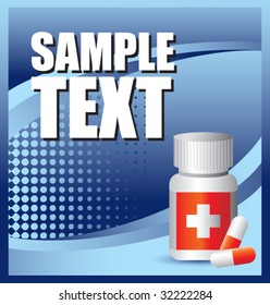 medicine bottle and pills on blue halftone banner