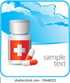 frasco de medicina y pastillas en banner en la nube