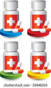medicine bottle and pills on colored discs