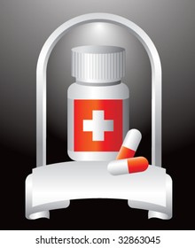 medicine bottle and pills on silver display