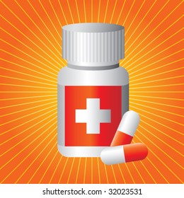 medicine bottle and pills on starburst