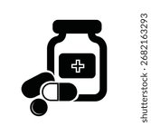 Medicine Bottle and Pills Outline Vector Art Illustration