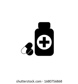 Medicine bottle and pills tablets. Black and white icon. Vector illustration